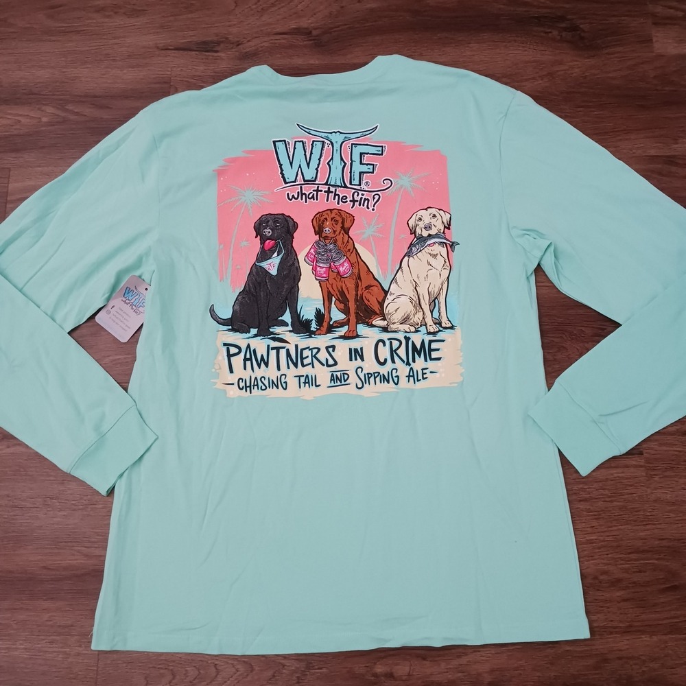 NEW What The Fin Mens Pawtners in Crime Long Sleeve T-Shirt Mint Green Large